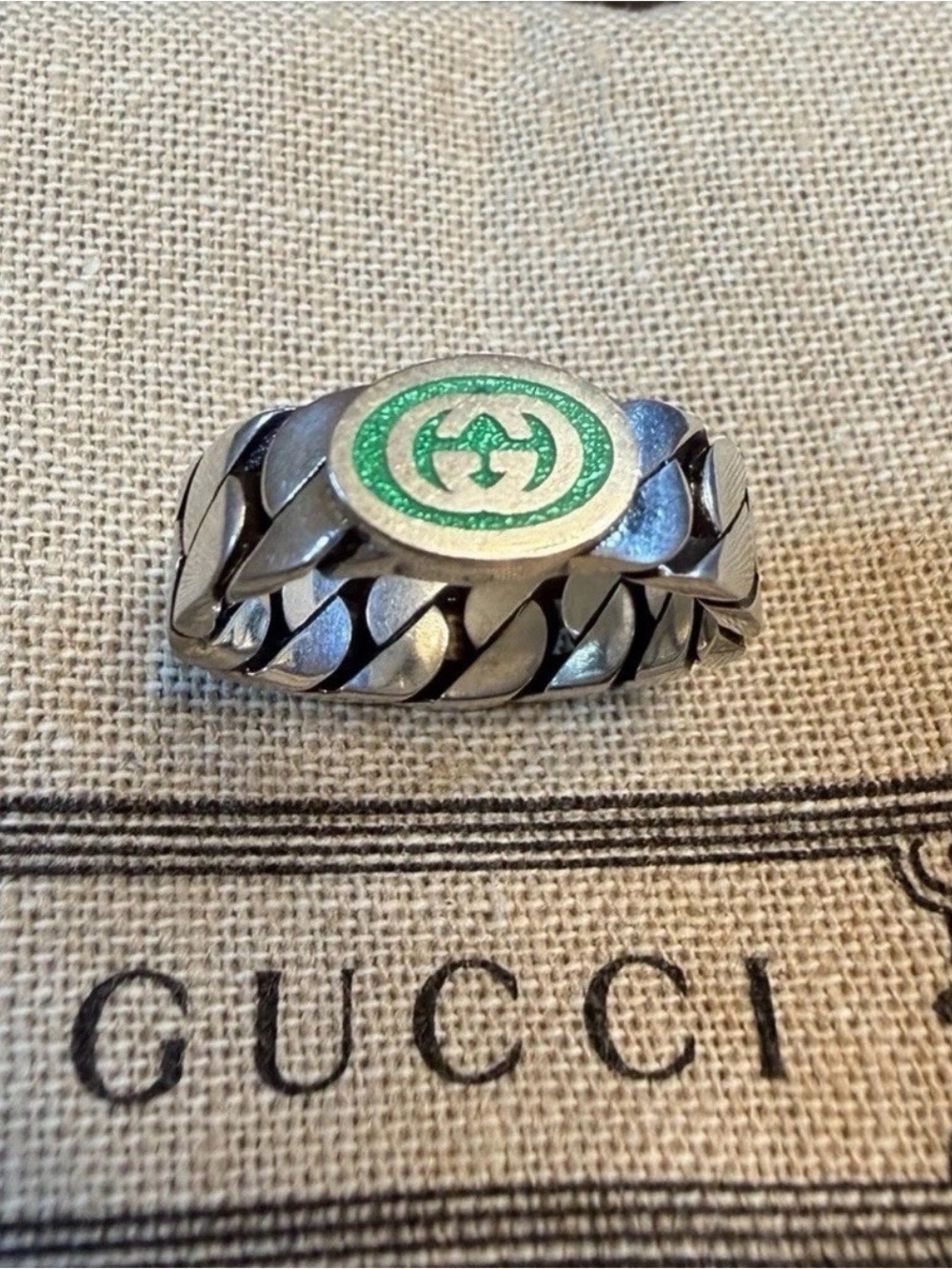 New Authentic Gucci GG Green Logo Ring Size IT 10 / US 5.25